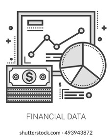 Financial data infographic metaphor with line icons. Project financial data concept for website and infographics. Vector line art icon isolated on white background.