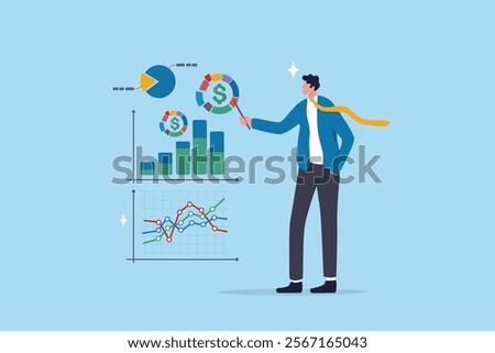 Financial data, investment chart and graph diagram, accounting report, datum growth, marketing analysis, statistics presentation concept, businessman present financial data diagram with dollar sign.