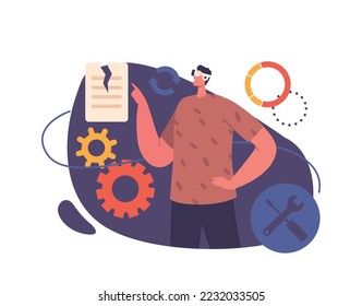 Gestión de datos financieros en concepto de ciberespacio. Análisis virtual y ciencia de datos, trabajo de personajes con interfaz de inteligencia artificial con documentos. Ilustración de vectores de personas de caricatura