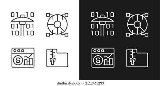 Financial data mining linear pixel perfect icons set for dark and light mode. Processing digital information. Future science. Customizable thin line symbols. Isolated vector outline illustrations