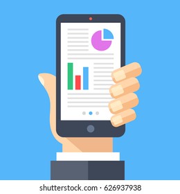 Financial data on smartphone screen. Human hand holding smartphone. Financial app, business app concepts. Modern flat design elements for web banners, web sites, infographics. Vector illustration