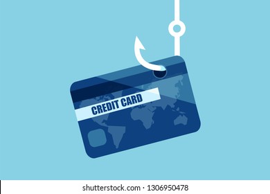 Financial data phishing concept. Vector of a credit or debit bank card on a fishing hook.