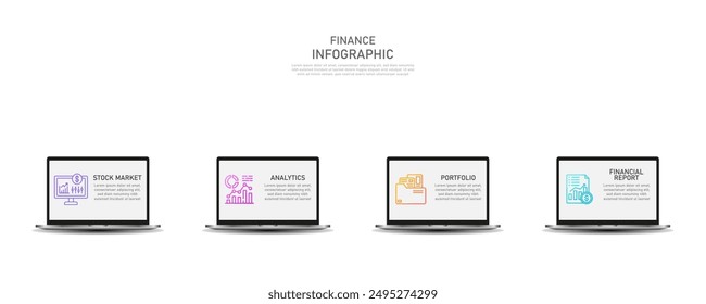 Financial data presentation process with icon design and 4 options. Can be used for processes, presentations, layouts, banners, data graphs.