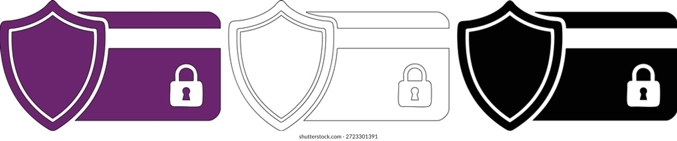 Concepto de seguridad de datos financieros icono de colección tres estilos morado boceto de contorno sólido diseño de silueta negro tarjeta de crédito protegida por Grande escudo y Pequeño símbolo de candado bloqueado