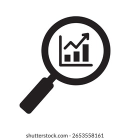 Financial data search icon with magnifying glass and bar chart for business analysis market research and statistical report investigation vector solid glyph icon