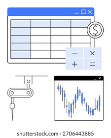 Planilha de dados financeiros, símbolos de calculadora, braço robótico, gráfico de mercado de ações. Ideal para finanças, análise, automação, tendências de mercado de gerenciamento de dados de investimento em tecnologia. Metáfora de linha