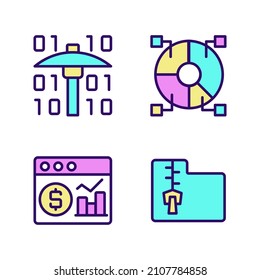 Financial data techniques RGB color pixel perfect icons set. Analyze and storage information. Find new development channels. Isolated vector illustrations. Simple filled line drawings collection