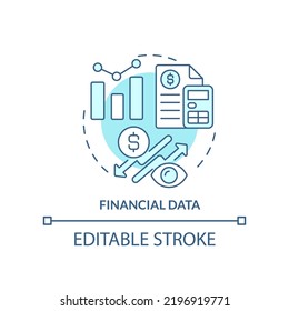 Icono de concepto turquesa de datos financieros. Contabilidad. Ventaja de la planificación empresarial abstracta idea de la ilustración de línea delgada. Dibujo de contorno aislado. Trazo editable. Fuentes Arial, Myriad Pro-Bold utilizadas