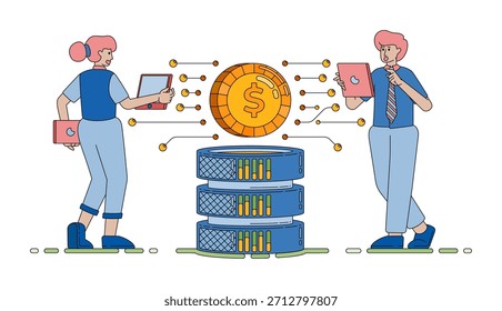 financial databases linked to secure networks for efficient banking access and smooth digital investment transactions vector cartoon. Can be used for cartoon, website, banner, brosur, flayer
