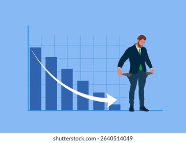 Financial debt or crisis, investment risk from unemployment or lack of income. Upset businessman showing empty pockets with no money. Flat vector illustration 