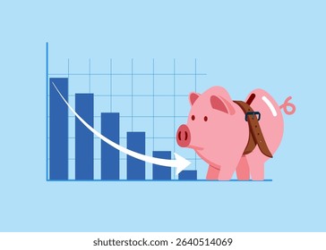Financial debt or crisis, investment risk from unemployment or lack of income. Piggy bank tighten belt. Flat vector illustration 