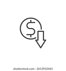 Financial Debt line icon. linear style sign for mobile concept and web design. A downward arrow with a dollar sign outline vector icon. Financial obligation symbol, logo illustration. Vector graphics