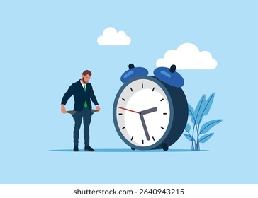 Financial debt. Upset businessman showing empty pockets with no money. Broke businessman. Financial crisis in tax. Loan repayment, installment plan. Agreement borrow money from bank, mortgage, debt