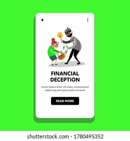 Financial Deception Cajolery Money People Vector. Criminal Man Burglary Scam And Financial Deception Old Woman. Characters Robber Crime And Senior Lady Web Flat Cartoon Illustration