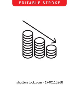 Financial Decrease Outline Icon. Money Decrease Line Art Logo. Vector Illustration. Isolated on White Background. Editable Stroke