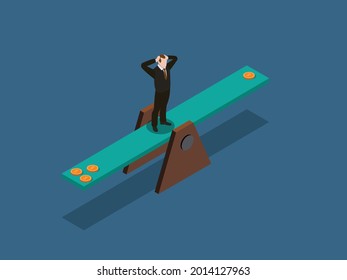 Financial Deficit Isometric Vector Concept. Stressful Businessman Standing On The Unbalanced Seesaw With Few Coins