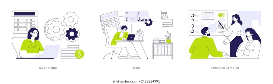 Financial department in corporation abstract concept vector illustration set. Accounting and payment planning, financial audit and report, business people, office work abstract metaphor.