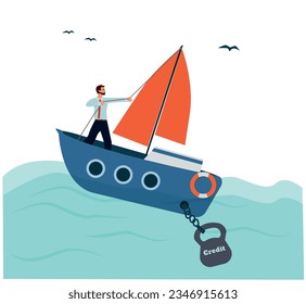 Financial dependence on credit, the ship is sinking, the manager is saving his business, a metaphor. Vector illustration.