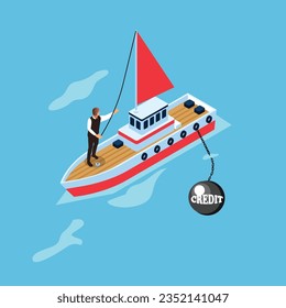 Financial dependence on credit, the ship is sinking isometric 3d vector concept for banner, website, illustration, landing page, etc