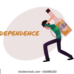 Financial dependence poster, banner template with man chained to huge bottle of liquor, carrying it on his back, alcohol dependence concept, cartoon vector illustrations isolated on white background.