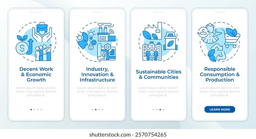 Financial development blue onboarding mobile app screen. Walkthrough 4 steps editable graphic instructions with linear concepts. UI, UX, GUI template
