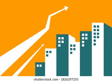 Financial development concept.Arrows and buildings on yellow background.