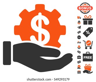 Financial Development Gear Hand icon with free bonus icon set. Vector illustration style is flat iconic symbols, orange and gray colors, white background.