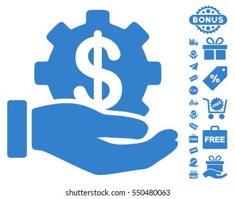 Financial Development Gear Hand icon with free bonus pictograms. Vector illustration style is flat iconic symbols, cobalt color, white background.