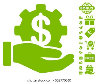 Financial Development Gear Hand icon with free bonus icon set. Vector illustration style is flat iconic symbols, eco green color, white background.