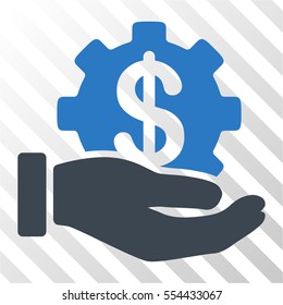 Financial Development Gear Hand vector pictogram. Illustration style is flat iconic bicolor smooth blue symbol on a hatched transparent background.