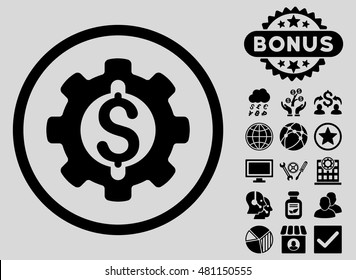 Financial Development Gear icon with bonus. Vector illustration style is flat iconic symbols, black color, light gray background.