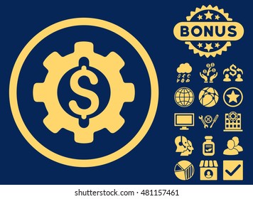 Financial Development Gear icon with bonus. Vector illustration style is flat iconic symbols, yellow color, blue background.