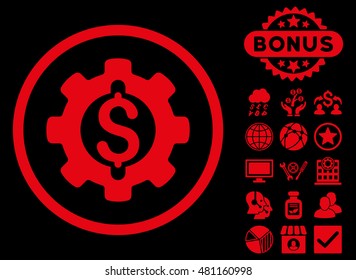 Financial Development Gear icon with bonus. Vector illustration style is flat iconic symbols, red color, black background.