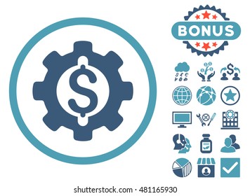 Financial Development Gear icon with bonus. Vector illustration style is flat iconic bicolor symbols, cyan and blue colors, white background.