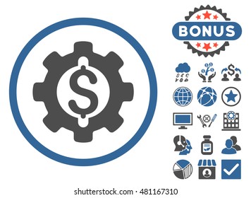 Financial Development Gear icon with bonus. Vector illustration style is flat iconic bicolor symbols, cobalt and gray colors, white background.
