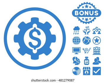 Financial Development Gear icon with bonus. Vector illustration style is flat iconic symbols, cobalt color, white background.