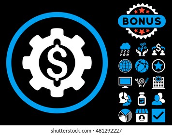 Financial Development Gear icon with bonus. Vector illustration style is flat iconic bicolor symbols, blue and white colors, black background.