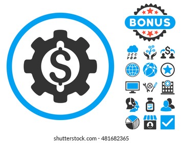 Financial Development Gear icon with bonus. Vector illustration style is flat iconic bicolor symbols, blue and gray colors, white background.