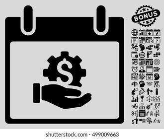 Financial Development Hand Calendar Day icon with bonus calendar and time management icon set. Vector illustration style is flat iconic symbols, black, light gray background.