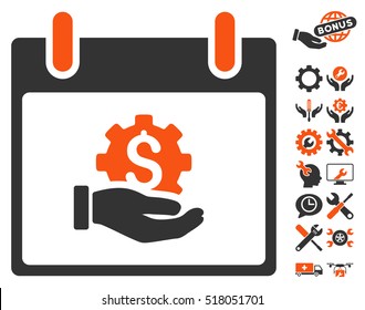 Financial Development Hand Calendar Day icon with bonus options symbols. Vector illustration style is flat iconic symbols, orange and gray, white background.