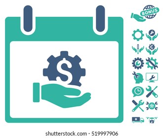 Financial Development Hand Calendar Day icon with bonus settings design elements. Vector illustration style is flat iconic symbols, cobalt and cyan, white background.
