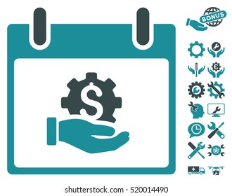 Financial Development Hand Calendar Day pictograph with bonus tools icon set. Vector illustration style is flat iconic symbols, soft blue, white background.