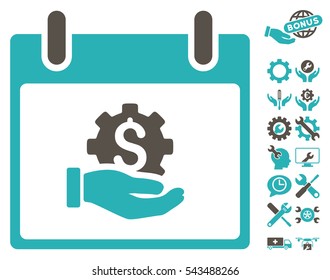 Financial Development Hand Calendar Day pictograph with bonus options graphic icons. Vector illustration style is flat iconic symbols, grey and cyan, white background.