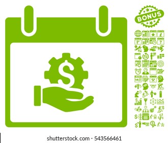 Financial Development Hand Calendar Day pictograph with bonus calendar and time management images. Vector illustration style is flat iconic symbols, eco green, white background.