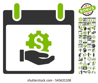 Financial Development Hand Calendar Day icon with bonus calendar and time management icon set. Vector illustration style is flat iconic symbols, eco green and gray, white background.