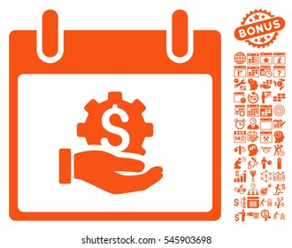 Financial Development Hand Calendar Day icon with bonus calendar and time management pictograph collection. Vector illustration style is flat iconic symbols, orange, white background.