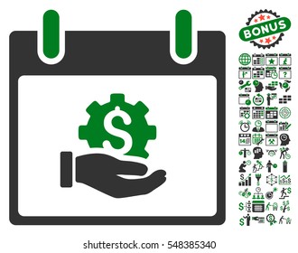 Financial Development Hand Calendar Day pictograph with bonus calendar and time management images. Vector illustration style is flat iconic symbols, green and gray, white background.