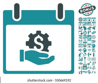 Financial Development Hand Calendar Day icon with bonus calendar and time management symbols. Vector illustration style is flat iconic symbols, soft blue, white background.