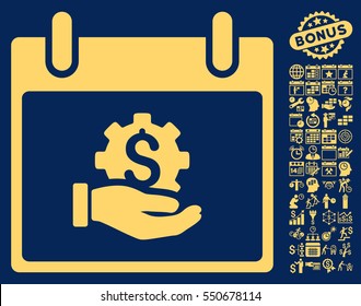 Financial Development Hand Calendar Day icon with bonus calendar and time management design elements. Vector illustration style is flat iconic symbols, yellow, blue background.