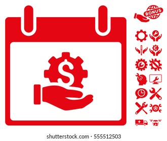 Financial Development Hand Calendar Day pictograph with bonus settings design elements. Vector illustration style is flat iconic symbols, red, white background.